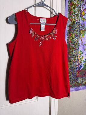 Napa Valley Red Floral Embroidered Tank Top Medium Cotton Blend Boho